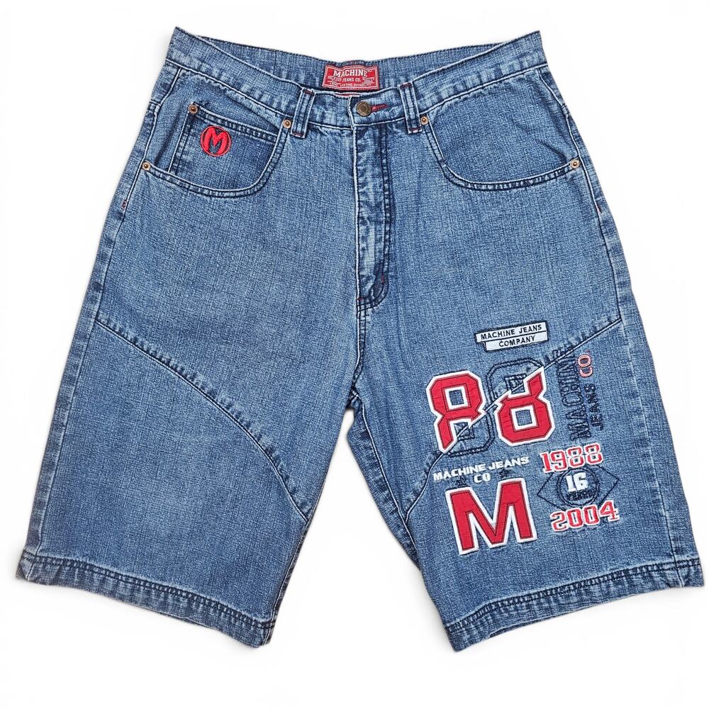 MACHINE JEANS Embroidered Denim Shorts Men's 34 Y2K Baggy Skate Punk Streetwear